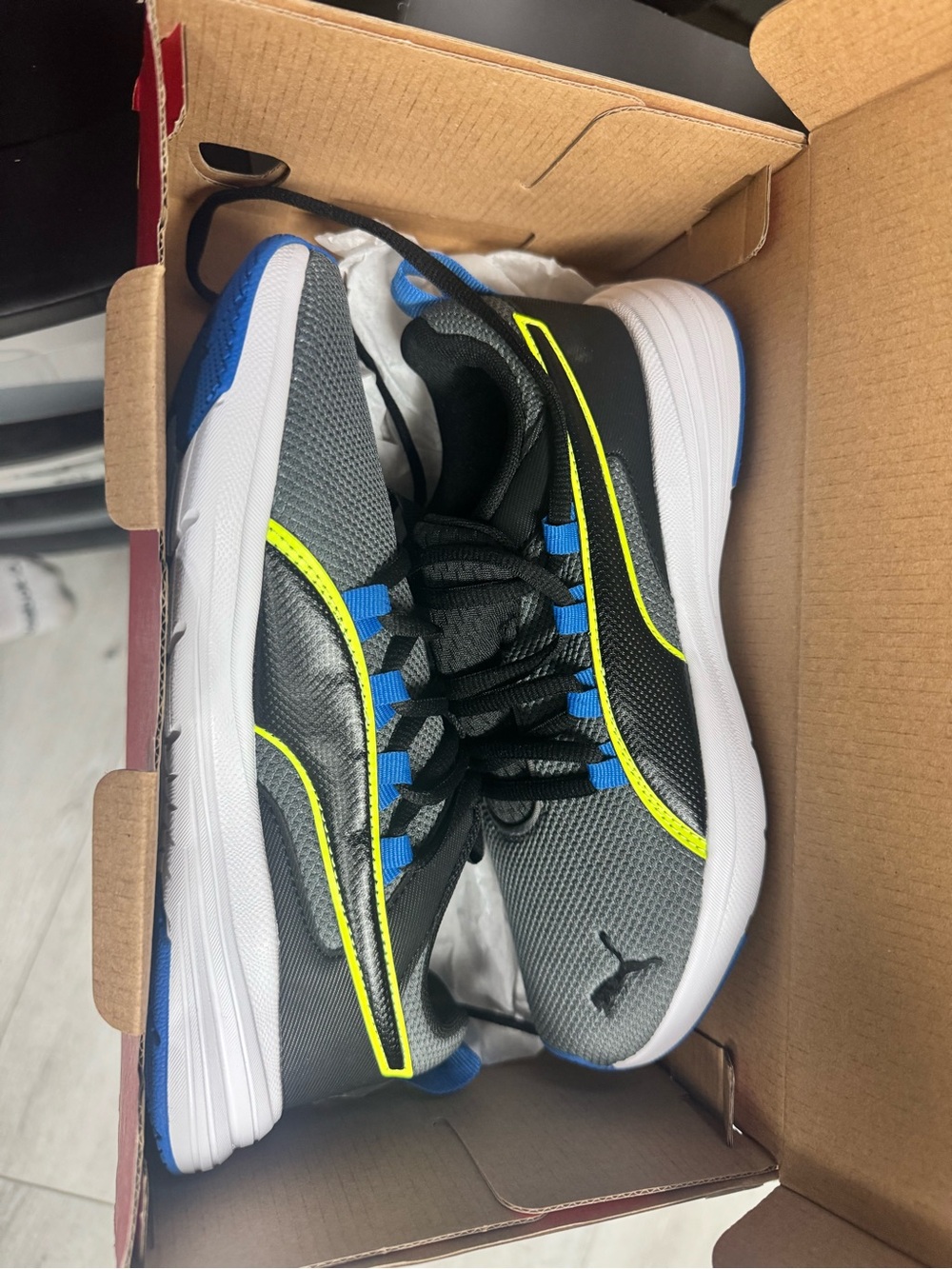Skechers Gray, Black & Blue Athletic Sneakers with Neon Yellow Trim